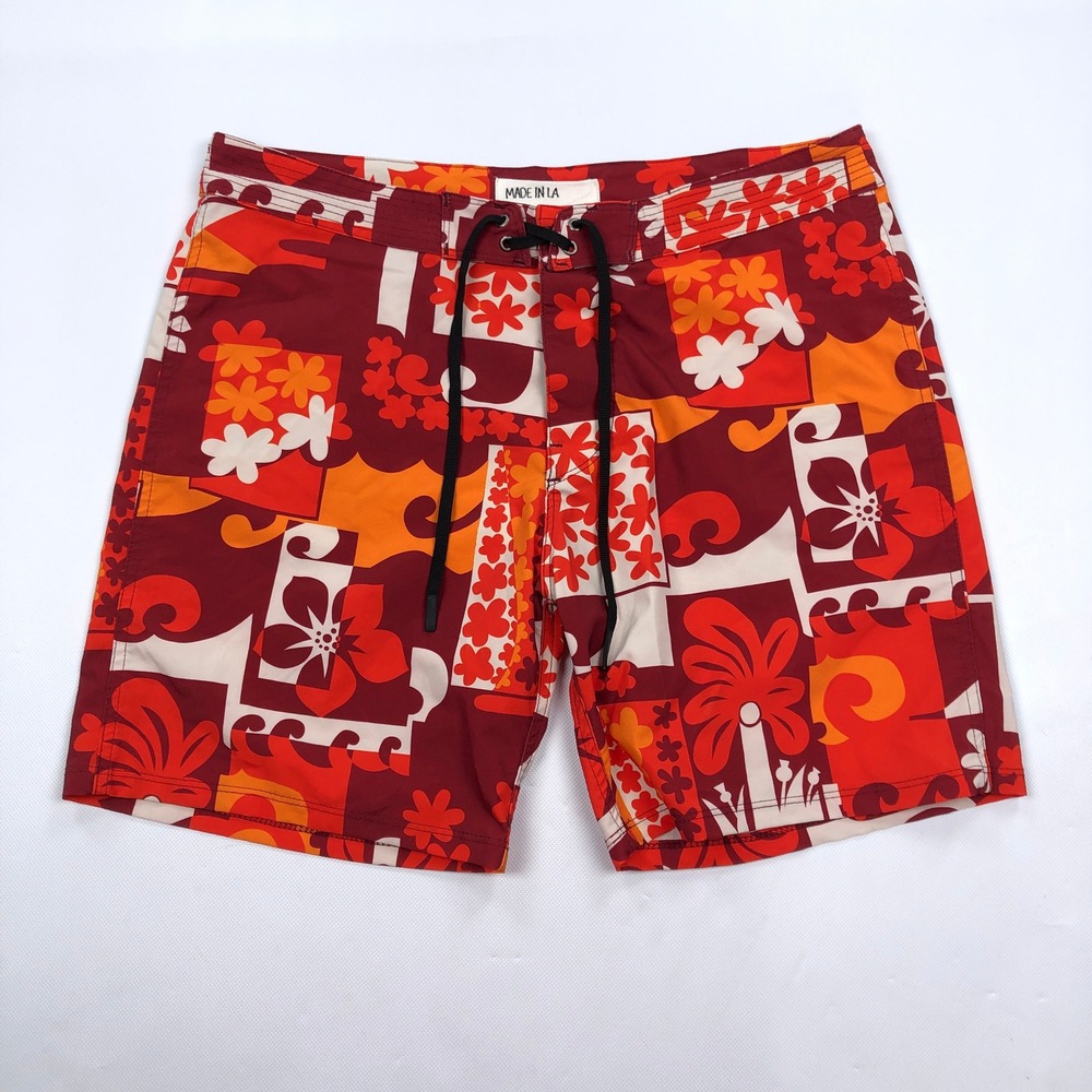 Sokfy LA Tiki Tek Board Shorts Mens 32 Floral Retro Sport of Kings Swim Surf